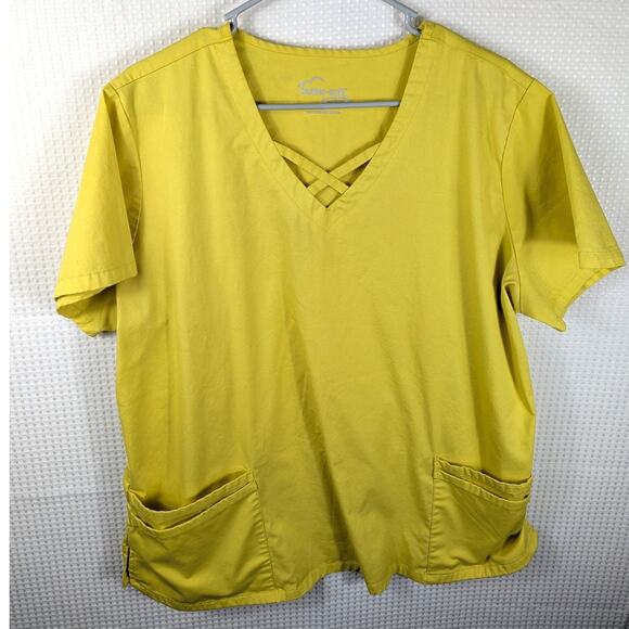 Butter Soft Stretch Scrub Top Womens XL Yellow Criss Cross Neck 2 Pocket Nursing - Picture 1 of 4